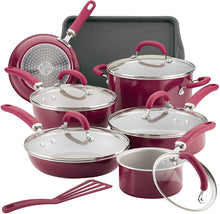 Load image into Gallery viewer, Rachael Ray 13 Piece Burgundy Shimmer Nonstick Cookware Pots and Pans Set