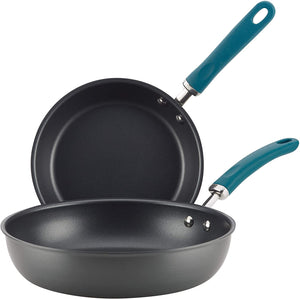 Rachael Ray hard anodized Nonstick Skillet 9.5" & 11.75"- gray with teal handle  - Pack of 2