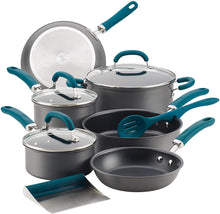 Load image into Gallery viewer, Rachael Ray Nonstick Cookware Pots and Pans Set, 11 Piece, Gray with Teal Handles
