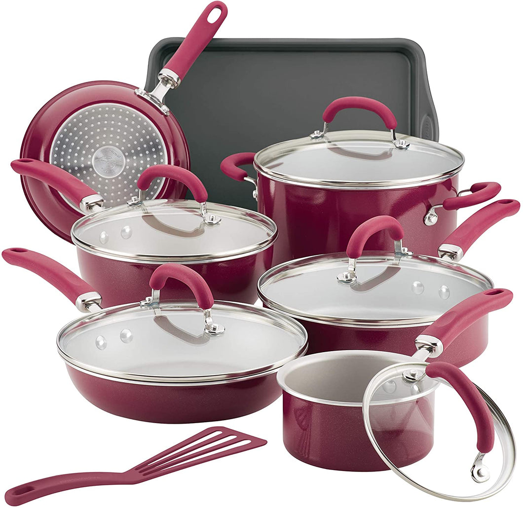 Rachael Ray 13 Piece Burgundy Shimmer Nonstick Cookware Pots and Pans Set