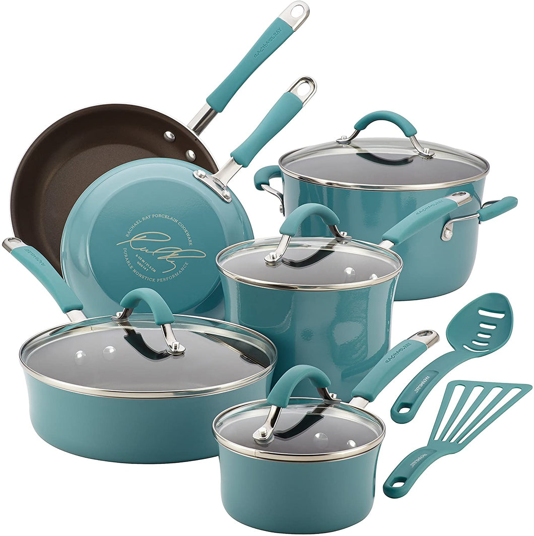 Rachael Ray 12 Piece Sea Salt Gray Cucina Nonstick Cookware Pots and Pans Set